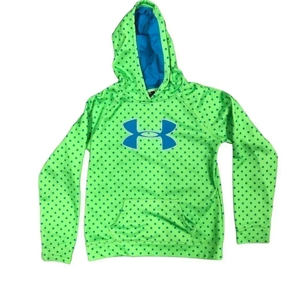 UNDER ARMOUR Youth Hoodie Neon Green Blue Polka Dot Hooded Sweatshirt Youth L